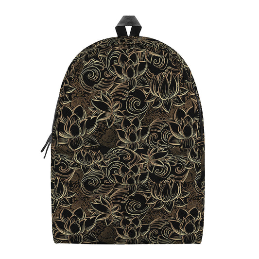 Black And Gold Lotus Pattern Print Backpack