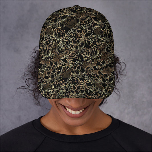 Black And Gold Lotus Pattern Print Baseball Cap