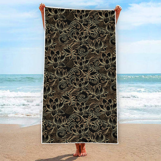 Black And Gold Lotus Pattern Print Beach Towel