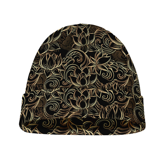 Black And Gold Lotus Pattern Print Beanie