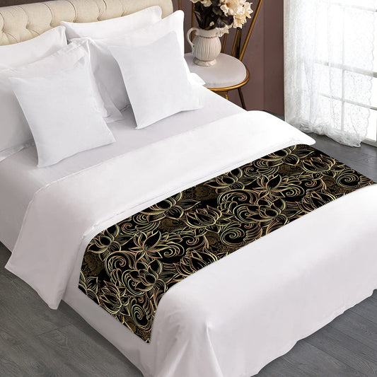 Black And Gold Lotus Pattern Print Bed Runner