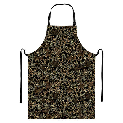 Black And Gold Lotus Pattern Print Bib Apron With Pocket