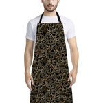 Black And Gold Lotus Pattern Print Bib Apron With Pocket