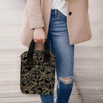 Black And Gold Lotus Pattern Print Bible Tote Bag