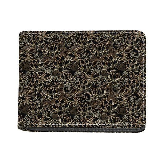 Black And Gold Lotus Pattern Print Bifold Wallet
