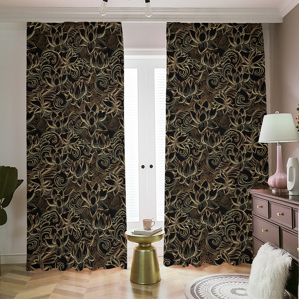 Black And Gold Lotus Pattern Print Blackout Pencil Pleat Curtains