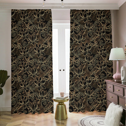 Black And Gold Lotus Pattern Print Blackout Pencil Pleat Curtains