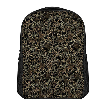 Black And Gold Lotus Pattern Print Casual Backpack