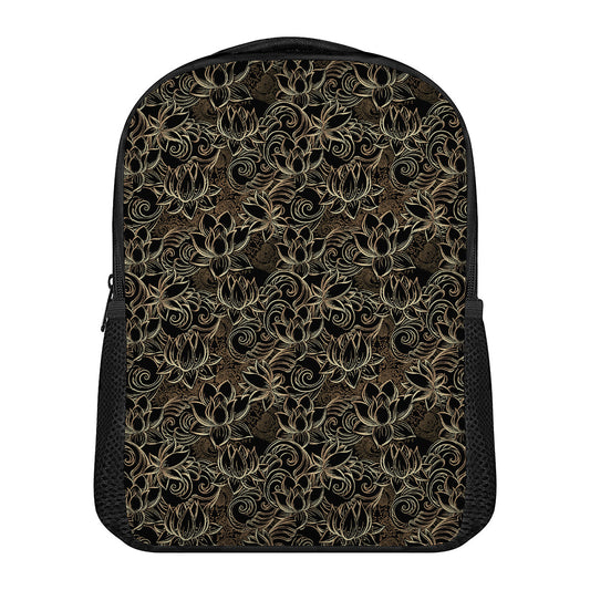 Black And Gold Lotus Pattern Print Casual Backpack