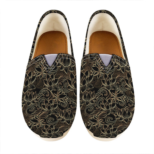 Black And Gold Lotus Pattern Print Casual Shoes