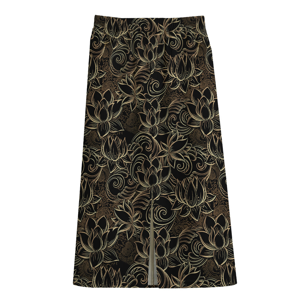 Black And Gold Lotus Pattern Print Cotton Front Slit Maxi Skirt
