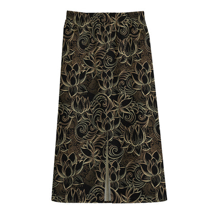 Black And Gold Lotus Pattern Print Cotton Front Slit Maxi Skirt
