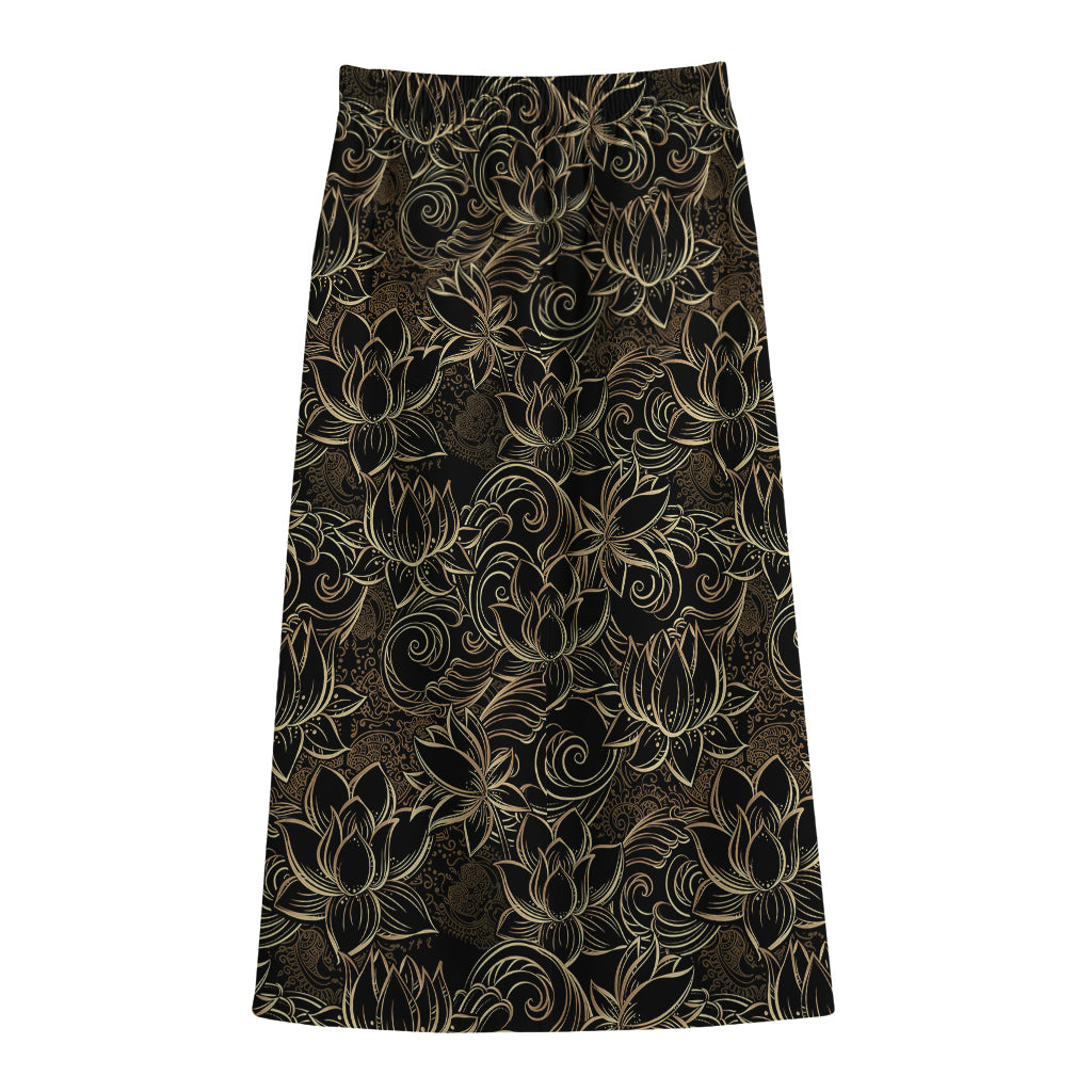 Black And Gold Lotus Pattern Print Cotton Front Slit Maxi Skirt