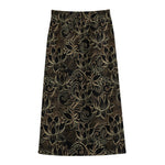 Black And Gold Lotus Pattern Print Cotton Front Slit Maxi Skirt
