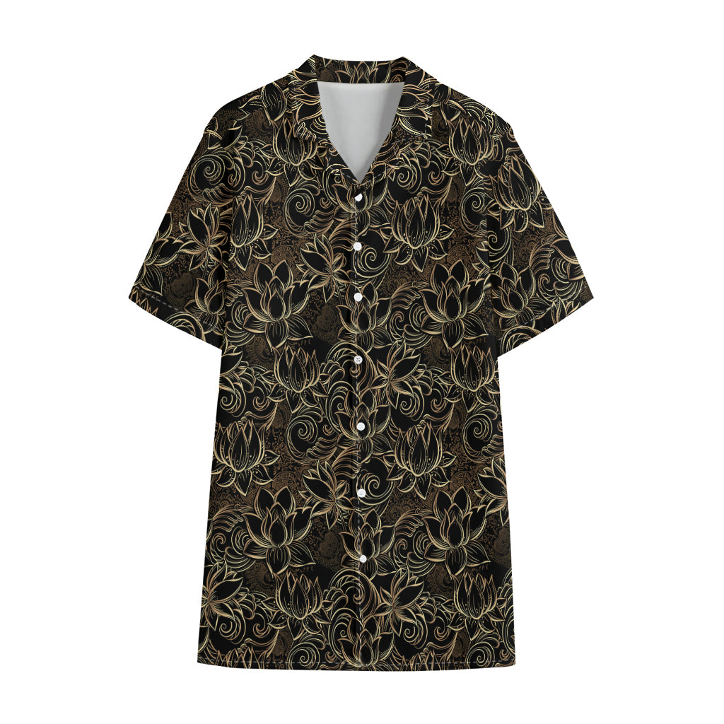 Black And Gold Lotus Pattern Print Cotton Hawaiian Shirt