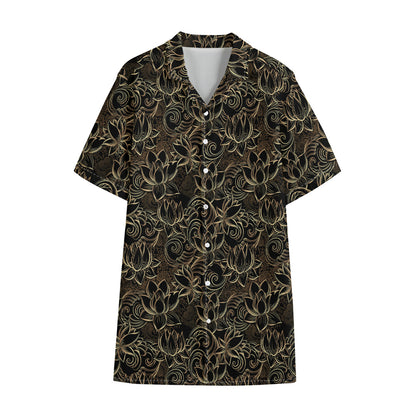 Black And Gold Lotus Pattern Print Cotton Hawaiian Shirt