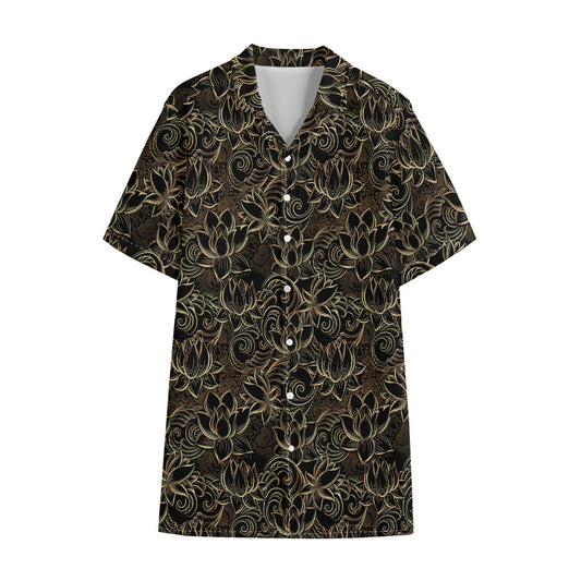 Black And Gold Lotus Pattern Print Cotton Hawaiian Shirt