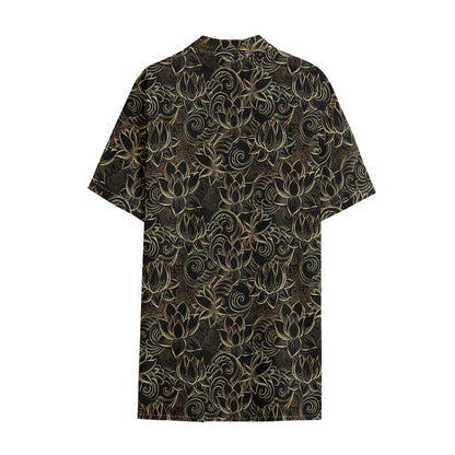 Black And Gold Lotus Pattern Print Cotton Hawaiian Shirt
