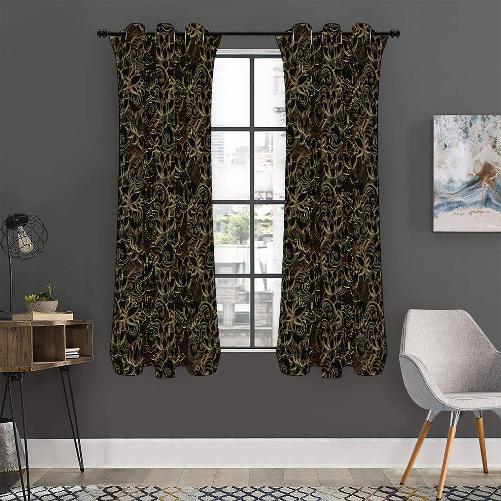 Black And Gold Lotus Pattern Print Curtain