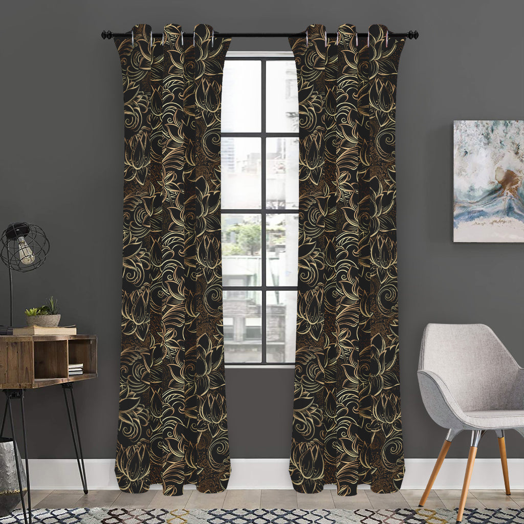 Black And Gold Lotus Pattern Print Curtain