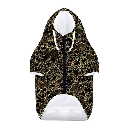 Black And Gold Lotus Pattern Print Dog Zip Up Hoodie