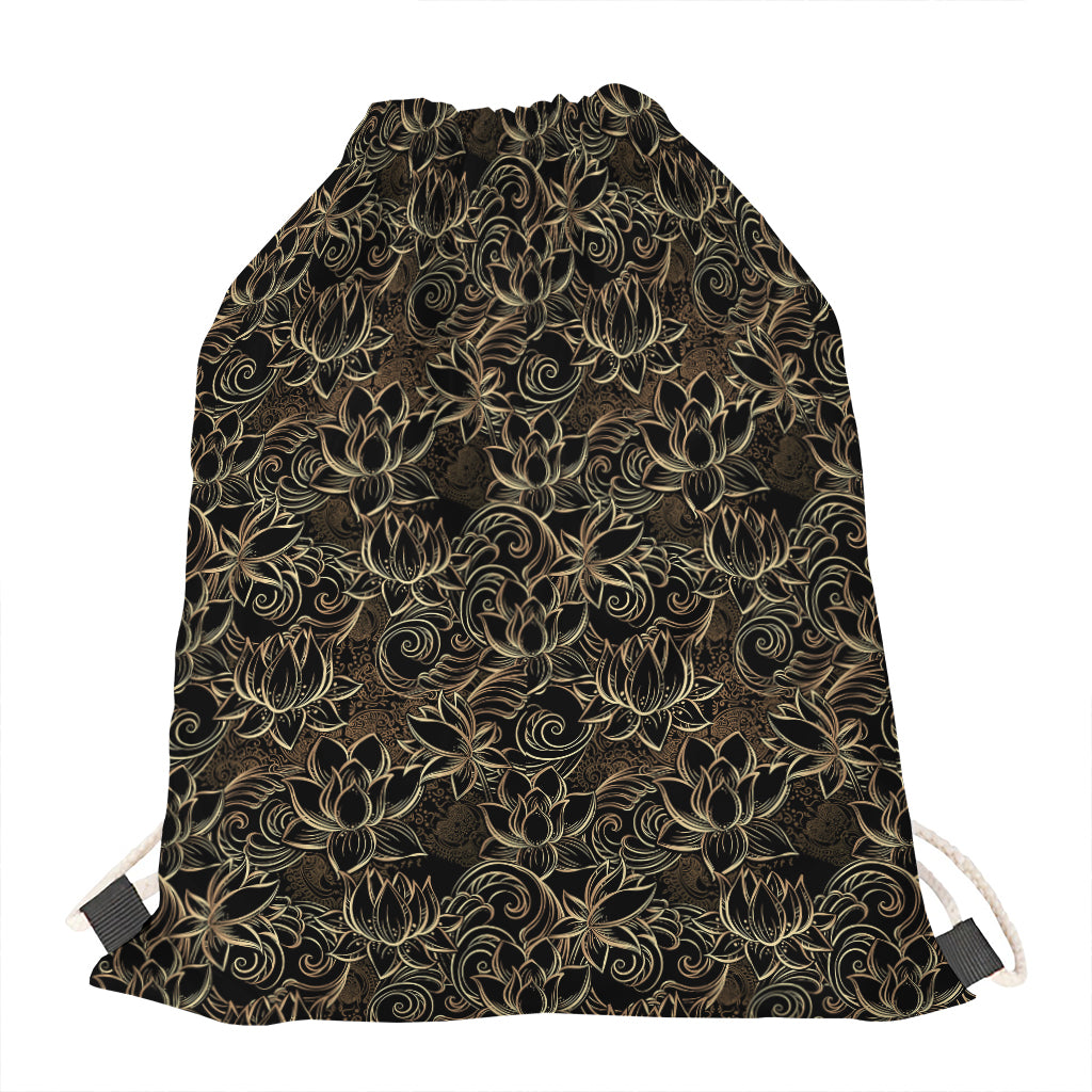 Black And Gold Lotus Pattern Print Drawstring Bag