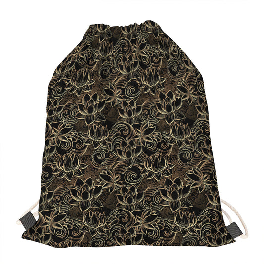 Black And Gold Lotus Pattern Print Drawstring Bag