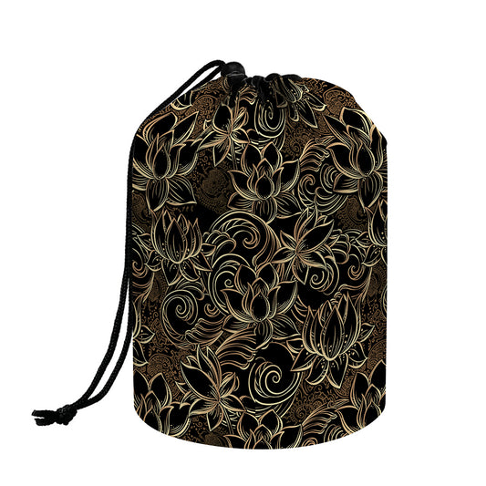 Black And Gold Lotus Pattern Print Drawstring Makeup Bag