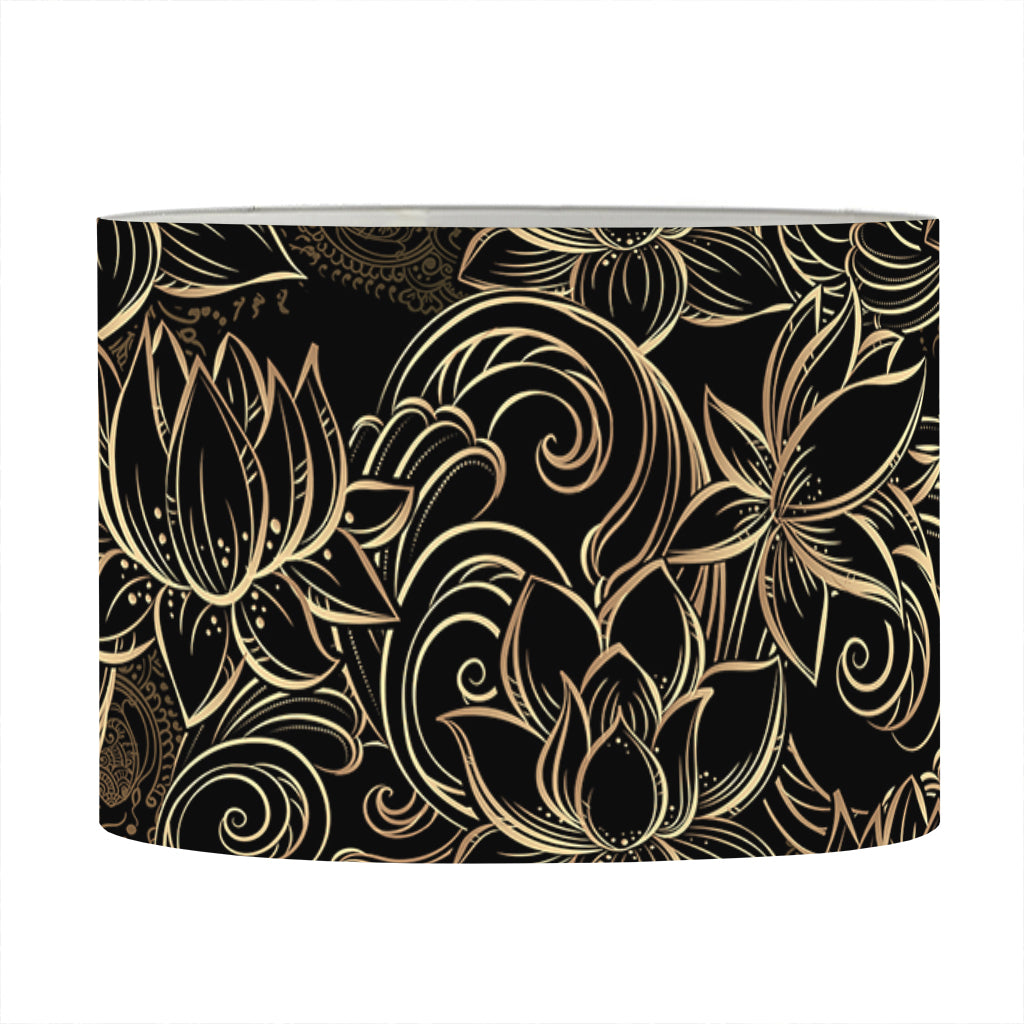 Black And Gold Lotus Pattern Print Drum Lamp Shade