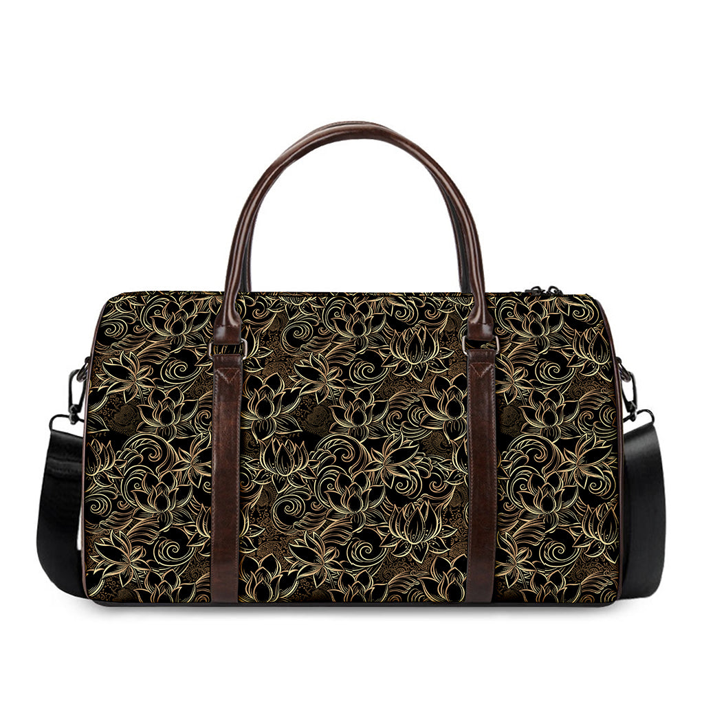 Black And Gold Lotus Pattern Print Duffle Bag