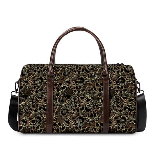 Black And Gold Lotus Pattern Print Duffle Bag
