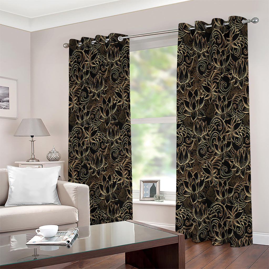 Black And Gold Lotus Pattern Print Extra Wide Grommet Curtains