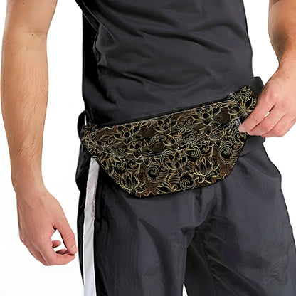 Black And Gold Lotus Pattern Print Fanny Pack