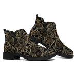 Black And Gold Lotus Pattern Print Flat Ankle Boots