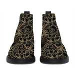 Black And Gold Lotus Pattern Print Flat Ankle Boots