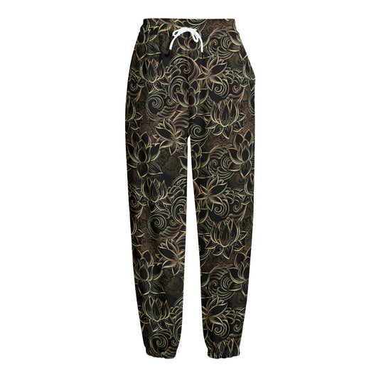 Black And Gold Lotus Pattern Print Fleece Lined Knit Pants