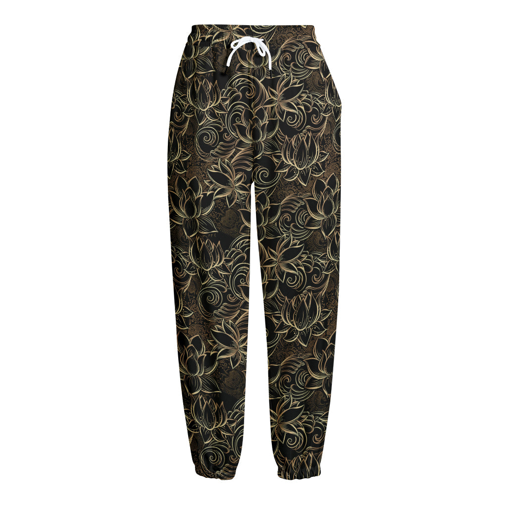 Black And Gold Lotus Pattern Print Fleece Lined Knit Pants