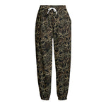 Black And Gold Lotus Pattern Print Fleece Lined Knit Pants