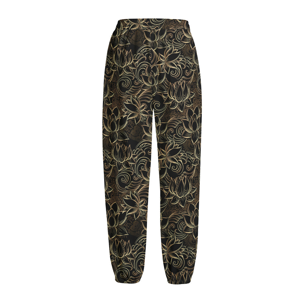 Black And Gold Lotus Pattern Print Fleece Lined Knit Pants