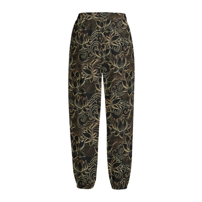 Black And Gold Lotus Pattern Print Fleece Lined Knit Pants