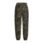 Black And Gold Lotus Pattern Print Fleece Lined Knit Pants