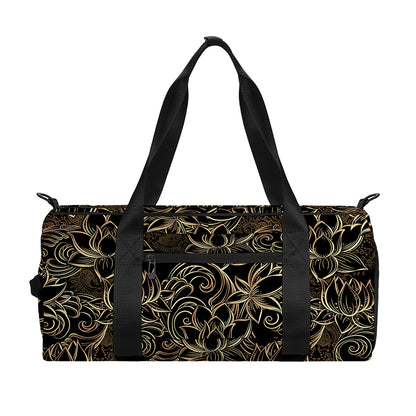 Black And Gold Lotus Pattern Print Gym Bag