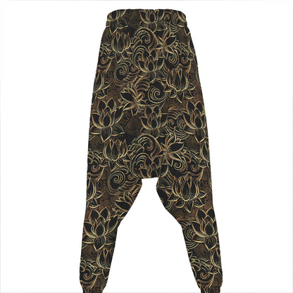 Black And Gold Lotus Pattern Print Hammer Pants