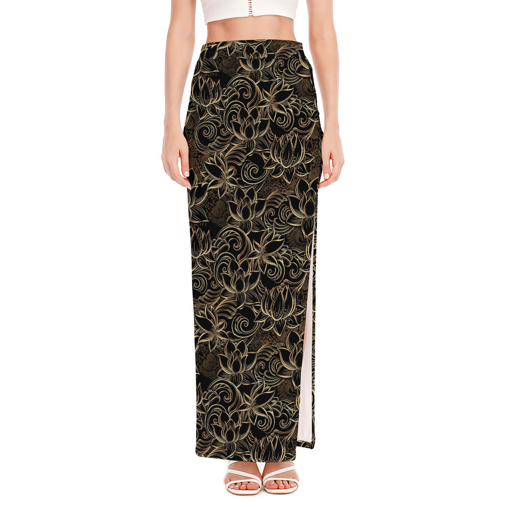 Black And Gold Lotus Pattern Print High Slit Maxi Skirt