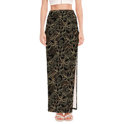Black And Gold Lotus Pattern Print High Slit Maxi Skirt