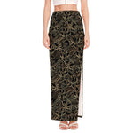 Black And Gold Lotus Pattern Print High Slit Maxi Skirt