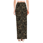 Black And Gold Lotus Pattern Print High Slit Maxi Skirt