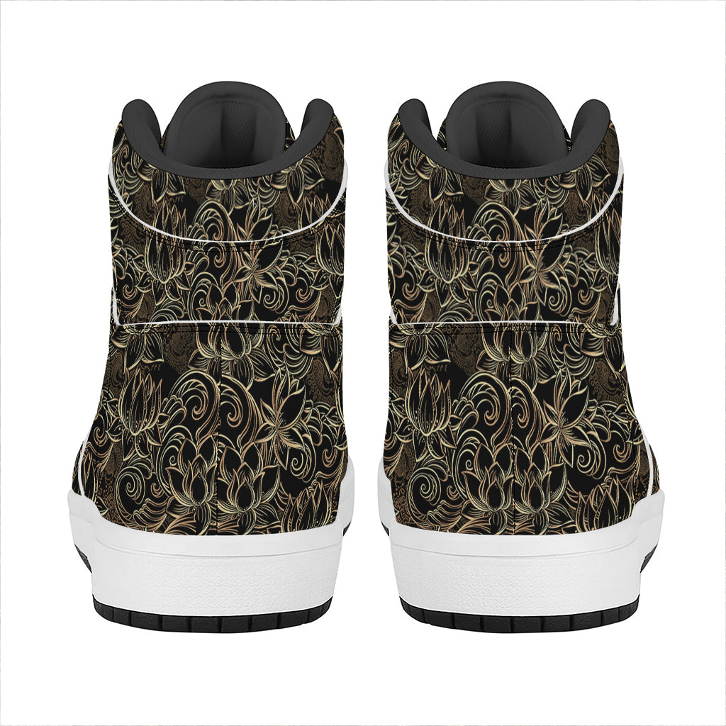Black And Gold Lotus Pattern Print High Top Leather Sneakers