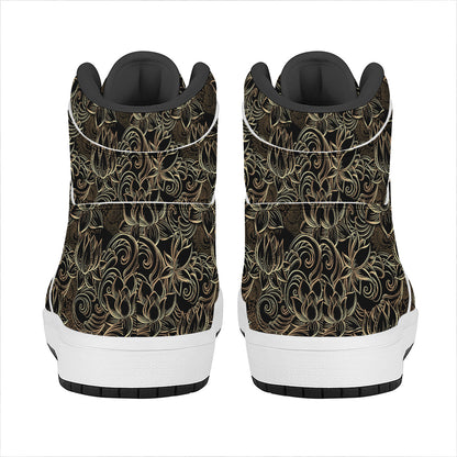Black And Gold Lotus Pattern Print High Top Leather Sneakers