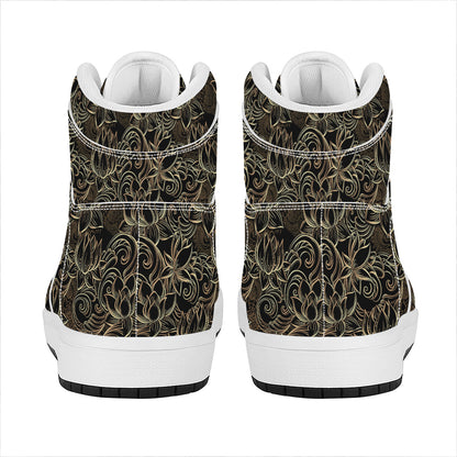 Black And Gold Lotus Pattern Print High Top Leather Sneakers